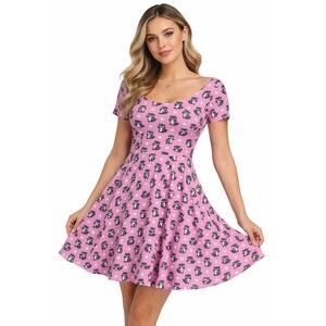 Eva Rose Retro Racoon Pink Dress Pockets Fit & Flare Stretch Cotton Pinup